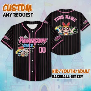 Custom The Powerpuff Girls Black Baseball Jersey, Personalized Cartoon Shirt, Retro Jersey Gift for Kids & 90s Fans