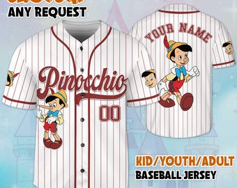 Maglia da baseball personalizzata di Pinocchio, maglia Pinocchio personalizzata per i fan Disney, regalo di compleanno Disneyland, completo della squadra di baseball Disney