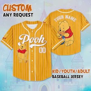 May include: Yellow baseball jersey with white pinstripes, featuring a cartoon bear graphic. The front displays "Pooh" in white script and the number "00". The back has "Your Name" above a bear graphic. Text reads "CUSTOM ANY REQUEST" and "KID/YOUTH/ADULT BASEBALL JERSEY".