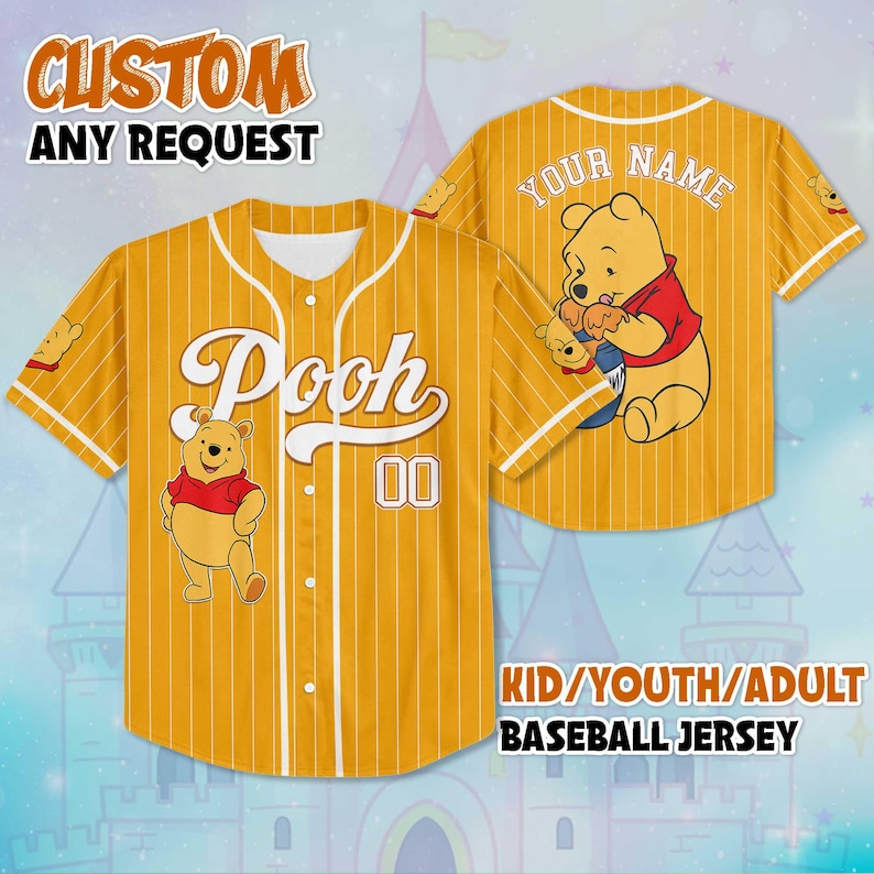 May include: Yellow baseball jersey with white pinstripes, featuring a cartoon bear graphic. The front displays "Pooh" in white script and the number "00". The back has "Your Name" above a bear graphic. Text reads "CUSTOM ANY REQUEST" and "KID/YOUTH/ADULT BASEBALL JERSEY".