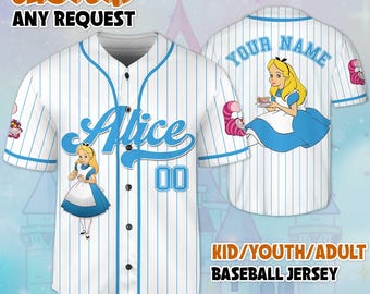 Aangepaste Disney-prinses Alice in Wonderland-honkbaljersey, Disney Alice in Wonderland-jersey voor Disney-fans, Disney-verjaardagscadeau