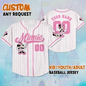 Minnie Mouse Custom Number Baseball Jersey, Personalized Disney Minnie Mouse Jersey for Disney Fans, Mickey and Friends Birthday Gift