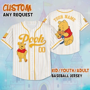May include: White baseball jersey with yellow pinstripes, featuring a cartoon bear graphic. The front displays "Pooh" in yellow script and the number "00". The back has a bear graphic and space for a name. Text reads "CUSTOM ANY REQUEST" and "KID/YOUTH/ADULT BASEBALL JERSEY".