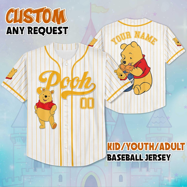 May include: White baseball jersey with yellow pinstripes, featuring a cartoon bear graphic. The front displays "Pooh" in yellow script and the number "00". The back has a bear graphic and space for a name. Text reads "CUSTOM ANY REQUEST" and "KID/YOUTH/ADULT BASEBALL JERSEY".