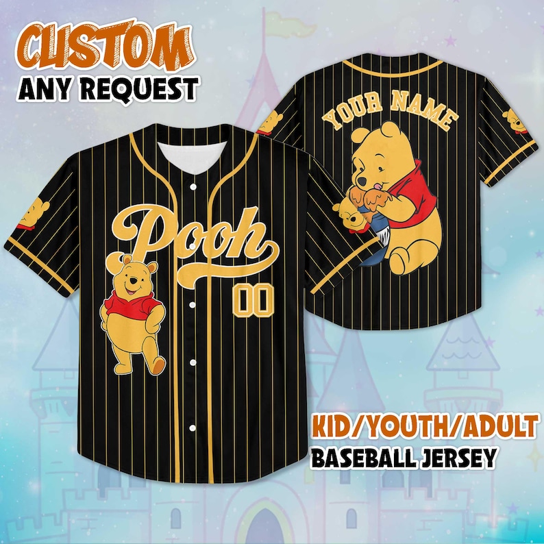 May include: Black and gold pinstripe baseball jersey with Winnie the Pooh graphics. The front has "Pooh" in gold script, the number "00", and a Pooh graphic. The back has a Pooh graphic and "YOUR NAME". The jersey also has the text "CUSTOM ANY REQUEST" and "KID/YOUTH/ADULT BASEBALL JERSEY".