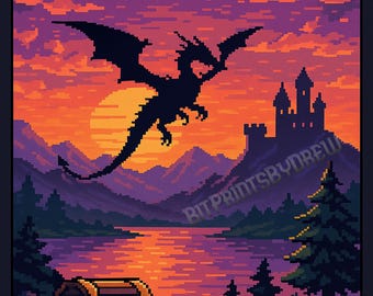 Dragon Fantasy Sunset - 16-Bit Pixel Art Poster | Printable Wall Art (11"x14")