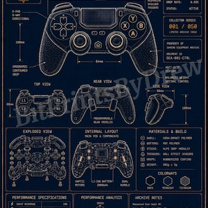 Peut inclure: Une affiche de plan technique bleu foncé intitulée Legendary Controller, présentant des dessins au trait détaillés d'une manette de jeu sous plusieurs angles, incluant des vues éclatées et internes, avec des spécifications techniques, des mesures en mm et du texte.