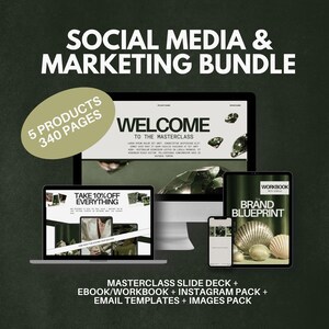Pode incluir: Um pacote de marketing digital com o texto "SOCIAL MEDIA & MARKETING BUNDLE". A imagem mostra um monitor de computador, um laptop, um tablet e um smartphone exibindo conteúdo do site. O pacote inclui 5 produtos e 340 páginas, com o texto "WELCOME TO THE MASTERCLASS".