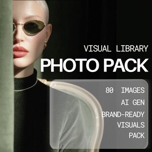 May include: A woman wearing oval sunglasses and a black turtleneck, with the text "VISUAL LIBRARY PHOTO PACK" in white. The pack includes 80 images, AI generated, and brand-ready visuals.