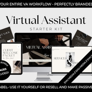 Könnte beinhalten: Werbebild für ein Virtual Assistant Starter Kit. Das Bild zeigt einen Computermonitor, ein Tablet und einen Laptop, die Website-Mockups anzeigen, sowie gedruckte Dokumente. Der Text enthält "Virtual Assistant Starter Kit" und "Client Welcome Packet."