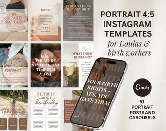 Plantilla de Instagram Canva para doulas / Publicaciones editables para profesionales de partos / Plantillas para redes sociales / Estética neutra / Digital