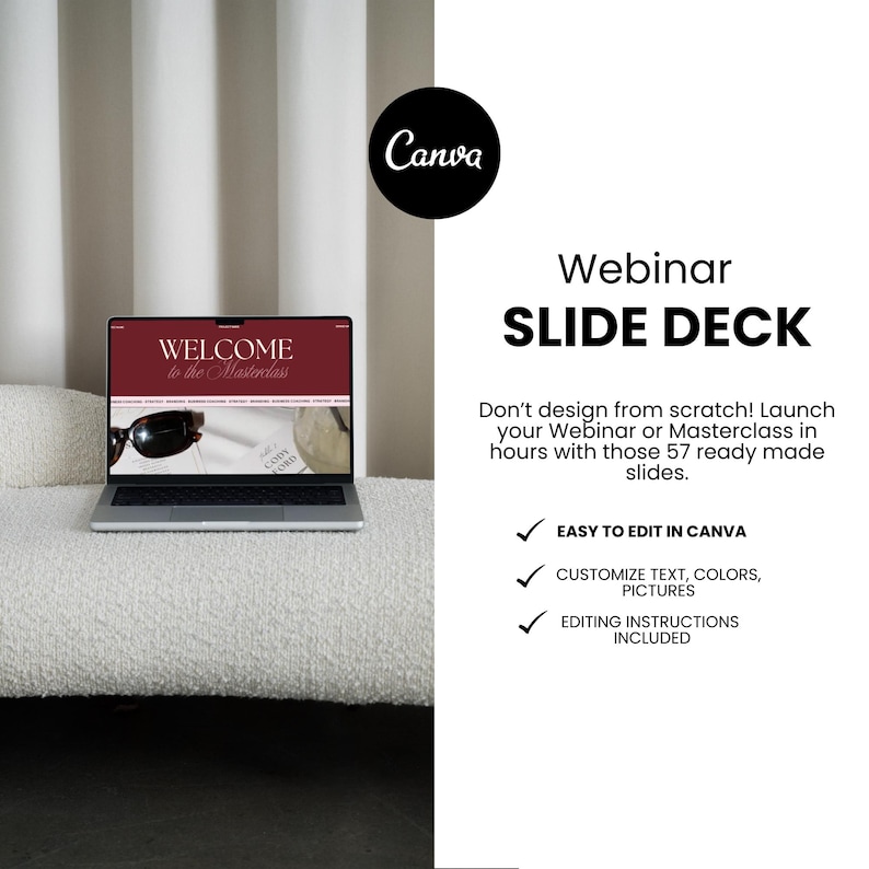 May include: A laptop displaying a webinar slide deck with the text "WELCOME to the Masterclass." The image includes the Canva logo and text promoting easy editing and customization of the slides.