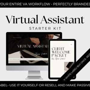 Pode incluir: Imagem de marketing digital que promove um kit inicial de assistente virtual. A imagem apresenta um computador desktop e um tablet, ambos exibindo texto. O texto inclui "Virtual Assistant Starter Kit" e "Client Welcome Packet". A imagem é em preto e branco.