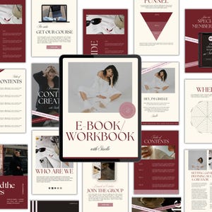 May include: A digital marketing e-book/workbook titled "E-BOOK/WORKBOOK with Giselle" displayed on a tablet. The image features a woman in white clothing, surrounded by marketing materials in burgundy and white.