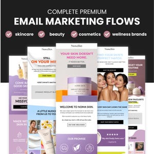 Op de afbeelding: Een digitale weergave van e-mailmarketing-sjablonen voor Noma Skin, met diverse lay-outs in paarse en witte kleurenschema's, productfotografie van huidverzorgingspotjes en tubes, promotieteksten, kortingscodes en call-to-action-knoppen.