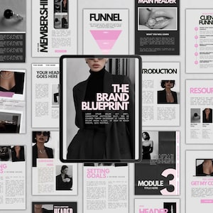 May include: A digital marketing and branding layout featuring a tablet with "The Brand Blueprint" text, surrounded by various marketing materials. The color scheme is black, white, and pink, with images of a woman in a blazer.