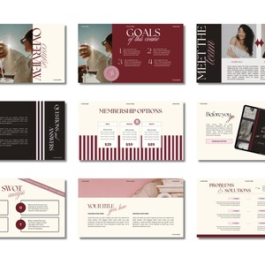 May include: A collection of digital presentation slides with a cream and burgundy color scheme. The slides include text such as "Course Overview", "Goals of this course", "Membership Options", and "Meet the Team".