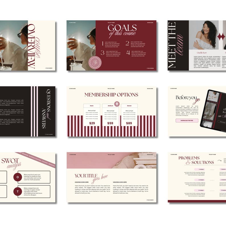 May include: A collection of digital presentation slides with a cream and burgundy color scheme. The slides include text such as "Course Overview", "Goals of this course", "Membership Options", and "Meet the Team".