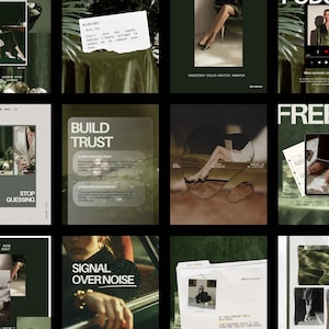 Puede incluir: Un collage de imágenes con una combinación de colores verde oscuro y beige. Las imágenes incluyen texto que dice "Build Trust", "Signal Over Noise" y "Consistency Builds Creative Momentum". Otras imágenes muestran piernas, un portátil y una persona.