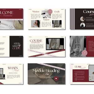 May include: A collection of digital presentation slides with a burgundy and cream color scheme. The slides feature text such as "Welcome to Masterclass", "Mission", "Goals", and "Course Overview". The design incorporates images and decorative elements.