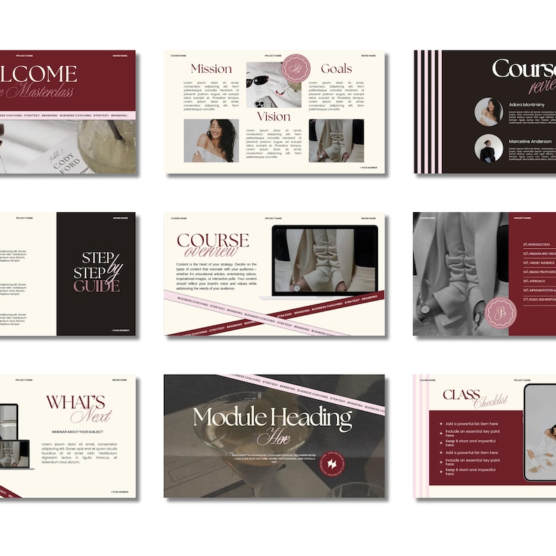 May include: A collection of digital presentation slides with a burgundy and cream color scheme. The slides feature text such as "Welcome to Masterclass", "Mission", "Goals", and "Course Overview". The design incorporates images and decorative elements.