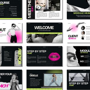 Può includere: Un modello di presentazione digitale con estetica in bianco e nero e accenti in rosa neon e verde lime. Le slide includono layout per cronoprogrammi di corsi, presentazioni del team, recensioni dei clienti, agende e guide passo dopo passo.
