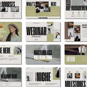 May include: A collection of presentation slides with a minimalist design. The slides feature text such as "Courses," "Webinar," and "Milestones." The color palette includes shades of gray, white, and olive green, with images of people.