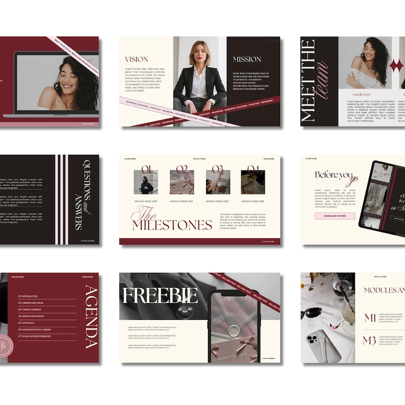 May include: A collection of marketing materials with a burgundy and cream color scheme. The designs include text such as "Vision", "Mission", "Meet the Team", "The Milestones", and "Agenda". Images of a woman and a laptop are also featured.