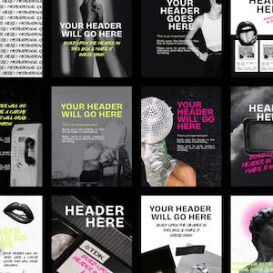 Pode incluir: Uma coleção de cartazes a preto e branco com texto a negrito. Cada cartaz apresenta frases como "YOUR HEADER WILL GO HERE" e "BUILD UPON THE HEADER IN THIS BOX & MAKE IT INTERESTING". Os cartazes têm um design gráfico moderno.