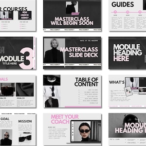 May include: A collection of digital presentation slides with a dark gray and white color scheme. The slides feature text such as "Masterclass," "Guides," and "Table of Content." Images of a woman are also included. The slides are for a creative agency.