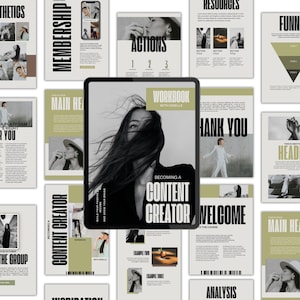 Puede incluir: Un libro de trabajo digital titulado "Workbook with Giselle" se muestra en una tableta, rodeado de varias páginas con texto e imágenes. La portada del libro de trabajo dice "Becoming a Content Creator".