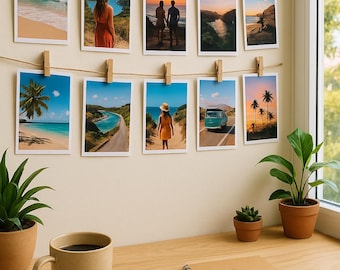 Spersonalizowany stojak na zdjęcia: 10 niestandardowych wydruków, drewniane kołki i lina