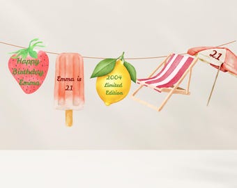 Spersonalizowany baner urodzinowy na lato: dekoracja na imprezę z owocami i plażą