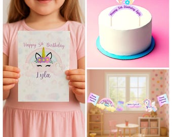 Zestaw na 5. urodziny z jednorożcem | Spersonalizowany baner, ozdoba na tort i kartka urodzinowa | Tęczowe pastelowe dekoracje na imprezę dla dziewczynek | Niestandardowe imię i wiek