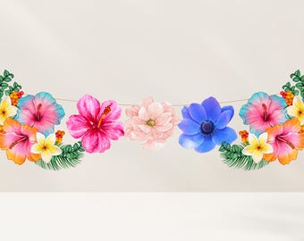 Hawajska girlanda kwiatowa: baner z tropikalnym hibiskusem i plumerią, dekoracja na imprezę luau, ręcznie robiona w Wielkiej Brytanii
