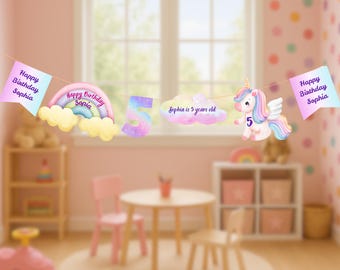 Kids Unicorn Birthday Banner Rainbow Cloud Garland, Custom Name & Age