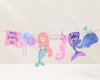 Spersonalizowany baner urodzinowy z syrenką: girlanda na przyjęcie dla dzieci, spersonalizowane imię i wiek