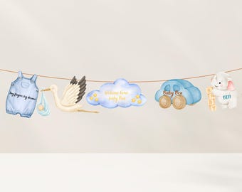 Personalizowany akwarelowy baner „Welcome Home Baby” – girlanda do pokoju dziecięcego z motywem bociana i niebieskiego pastelowego, dekoracja na baby shower dla noworodka
