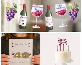 Spersonalizowany zestaw winny na 40. urodziny | Dekoracje na imprezę z okazji 40. urodzin | Luksusowy baner z motywem wina, ozdoba na tort, kartka i złote świece od PiccaBox