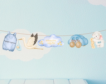 Spersonalizowany akwarelowy baner dla niemowląt „Welcome Home Baby” – girlanda do pokoju dziecięcego z motywem bociana i niebieskiego pastelowego, dekoracja na baby shower dla noworodka