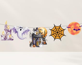 Straszny baner na Halloween: nawiedzony dom, duch i girlanda z dyni