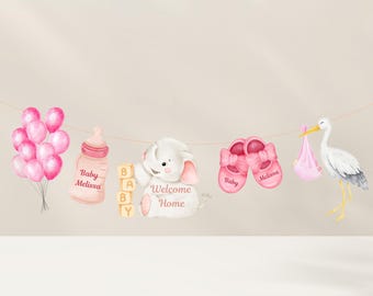 Personalizowany baner powitalny dla dziewczynki: różowy wystrój pokoju dziecięcego