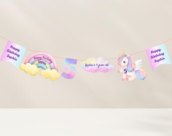 Personalized Unicorn Birthday Banner: Rainbow Cloud Garland, Custom Name & Age