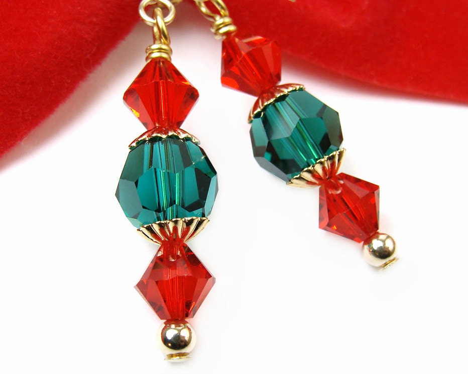 Christmas Crystal Earrings Red Green Crystal Dangles Dressy Etsy