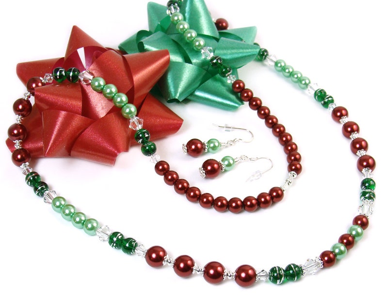 Christmas Necklace Earrings Jewelry Set Red Green Pearl image 0