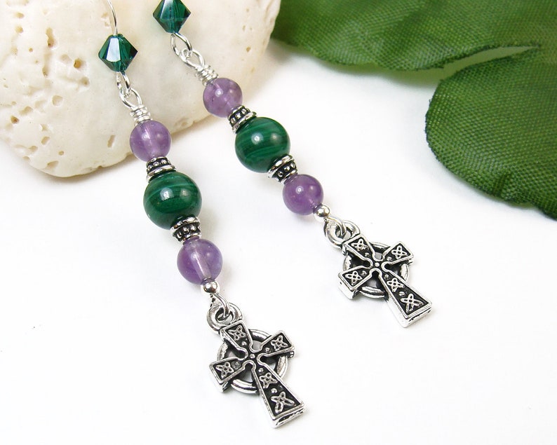 Celtic Cross Earrings Purple Amethyst Green Malachite image 0