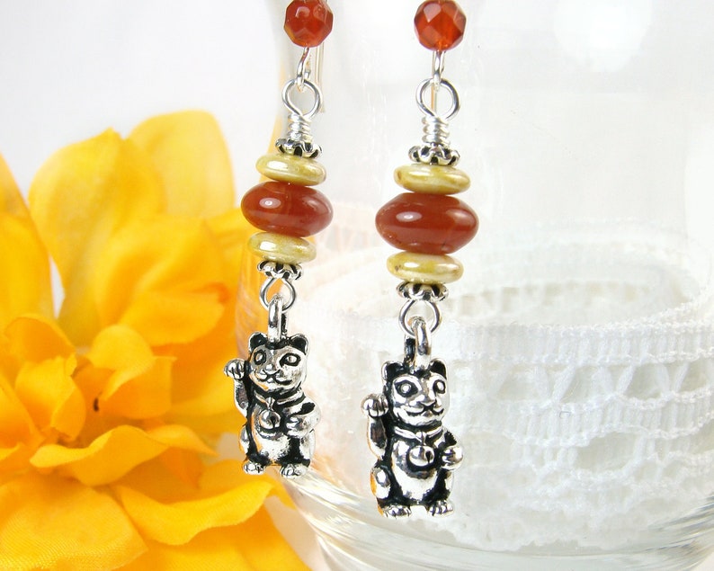 Lucky Cat Earrings Japanese Maneki Neko Cat Dangles Raised image 0