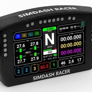 May include: Black SIMDASH RACER digital display with multiple data readouts, including tire pressures, lap times, and fuel levels. The screen displays the text "SIMDASH RACER".