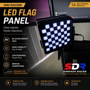 May include: A square black LED flag panel for sim racing featuring a grid of 64 bright white lights. The device is USB powered and displays the text SIM RACING LED FLAG PANEL, Clear signals. Faster reactions, and SDR SIMDASH RACER.