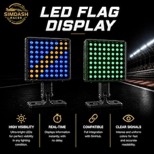 May include: Two LED flag displays, one with blue and yellow lights, the other with green lights. The displays are mounted on black stands. Text on the image reads "LED FLAG DISPLAY", "HIGH VISIBILITY", "REAL-TIME", "COMPATIBLE", and "CLEAR SIGNALS".